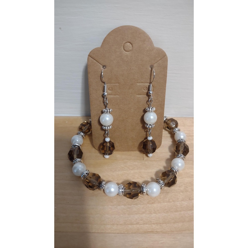 Elegant Beaded Bracelet and Dangle Earring Set Brown Pearl Stretch Bracelet